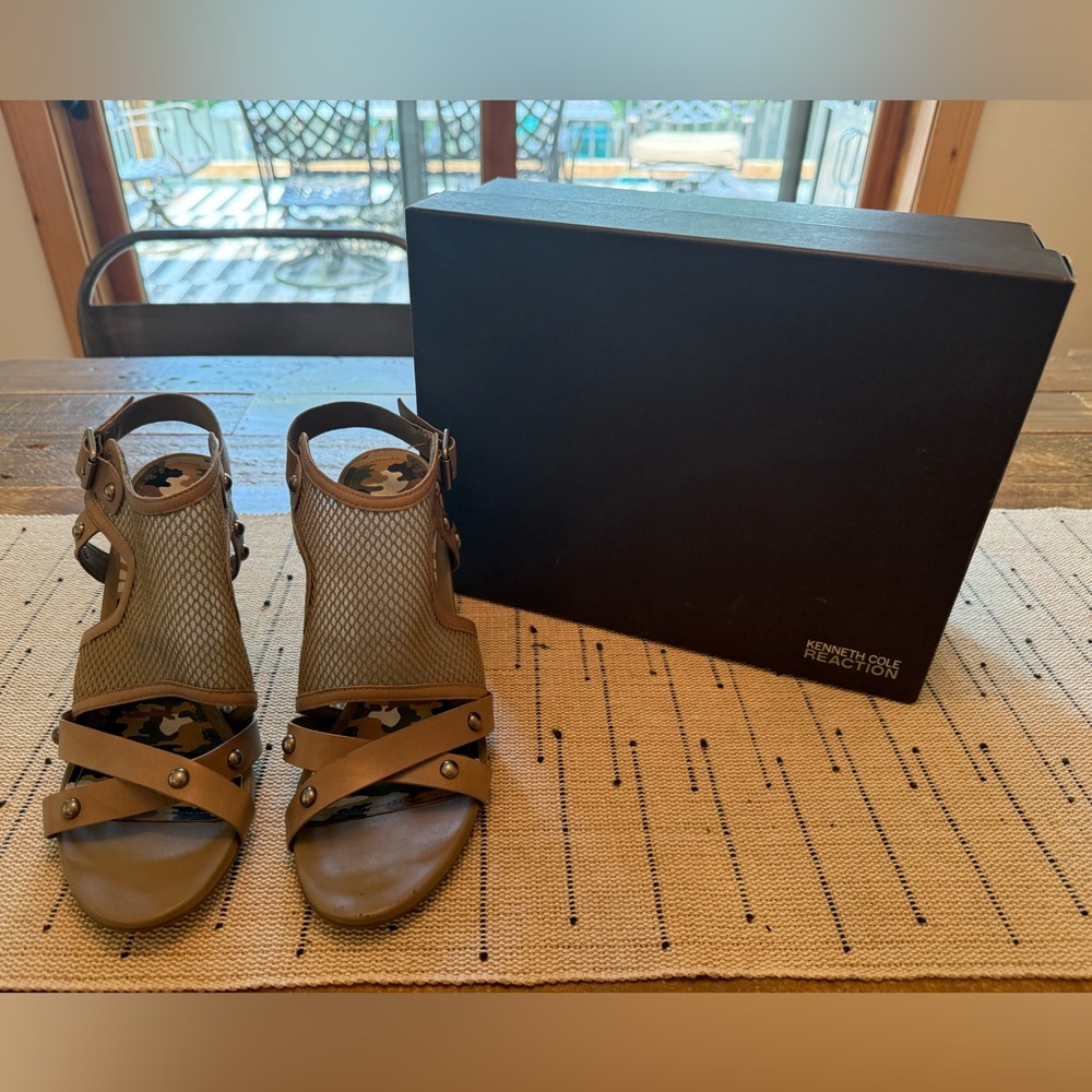 Kenneth Cole Reaction - Light Brown Mesh, Studded, Heeled Sandals - Size 9.5